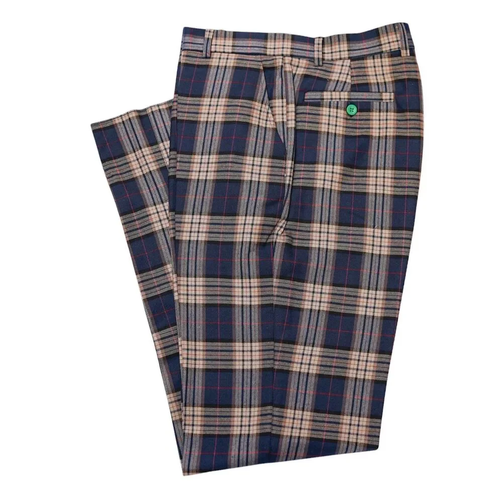 Mens 32 Navy Tan Plaid Dress Pants Straight Fit Flat Front Cotton Trousers NWT